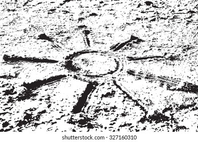 Grainy distress overlay texture with painted sun on the sand for your design. EPS10 vector.