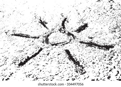 Grainy distress overlay texture with painted sun on the sand for your design. EPS10 vector.
