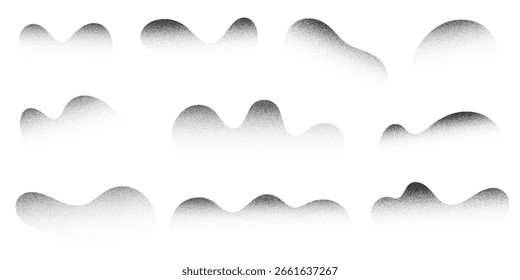 Formas abstratas pontilhadas granuladas sobre fundo branco. Gradiente ruidoso com sombra pontilhada preta. Figuras líquidas vetoriais com fade pontilhado. Manchas empoeiradas de textura difusa. Efeito de fluido monocromático