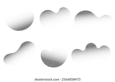 Grainy dotted shapes on white background. Noisy halftone abstract shadows on liquid elements. Vector stipple blobs and spray spots. Grunge sand wavy fluid gradation