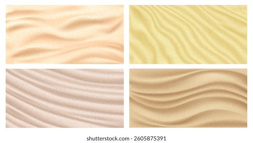 Grainy effect of sandy beach. Vector realistic style, set of deserts or beach texture with grains and noise. Nature environment, windy area forming waves on ground. Yellow sand particles