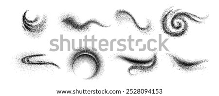 Grainy effect shapes and splashes of dust, powder or sand. Vector isolated realistic traces on surface, dots particles and grungy stardust item for art, home decor and design of typography