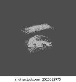 Grainy eye with eyebrow retro negative photocopy effect. Vintage stipple grey dots texture. Y2K aesthetic human face part. 90s style, grunge art vector design element
