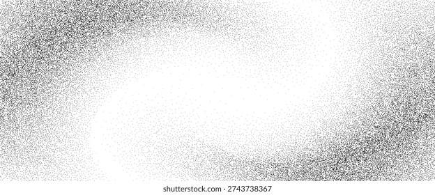 Grainy fading sand swirl texture. Subtle dotted curl gradient background. Gritty backdrop with specks, particles and granules. Grunge grain noise speckle wallpaper for banner, poster, brochure. Vector