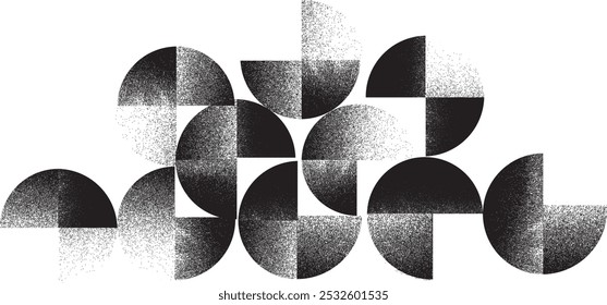 Grainy geometric circle art composition .Graffiti art design . Noise textured quarter circles. Grainy effect .Geometric logo .Art design forms.Distressed element .Rough circles and semicircles .Vector