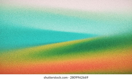 Grainy gradient background inspired by rolling green hills, open fields, calm sky and natural landscapes with cinematic noise effect created from thousands of individual dots for nature themed project. Textured film grain adds depth and organic character ideal for nature inspired design, modern backgrounds, eco branding and digital artwork. Gentle layers of green and warm ochre tones resemble distant hills under pastel sky creating peaceful and organic mood. Vector illustration