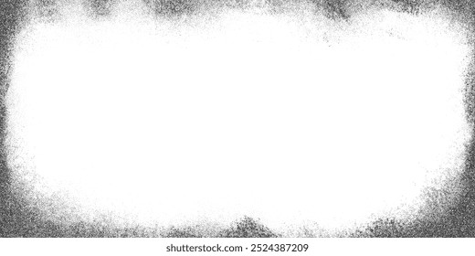 Grainy gradient background. Noisy stipple frame with fade effect. Vector grunge border with sand vintage texture. Abstract halftone gradation. Retro design template