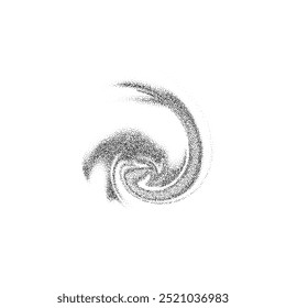 Grainy gradient from dots swirl shape. Black dotwork grain texture. Abstract noise stipple sand effect. Grunge design. Vector monochrome spiral illustration isolated on white background