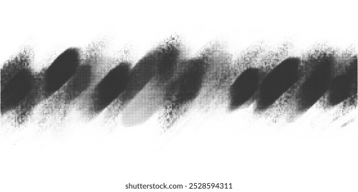 Grainy gradient halftone background. Noisy grunge spray blobs. Abstract black textured shade gradation border. Stains and spots shapes