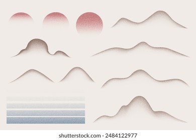 Grainy gradient mountains sun and sea vector set of elements. Dotted spray halftone effect with dust texture. Grunge moon and dissolve fade landscape. Retro Japanese design.