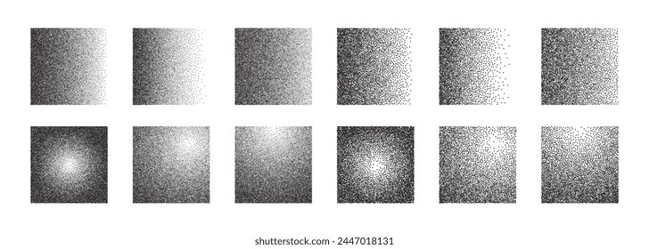 Grainy gradient shape collection. Dotwork noise square set. Sand effect