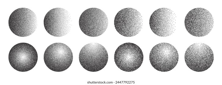 Grainy gradient sphere collection. Dotwork noise circle set