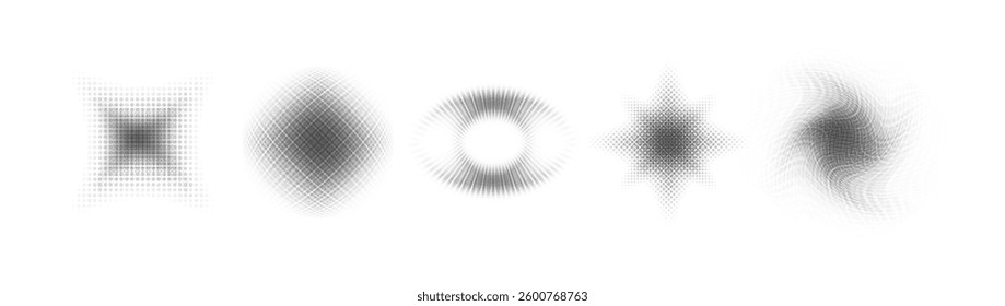 Grainy gray icons. Collection of abstract, geometric, and gray shapes for design and background. Abstract Geometric Shapes in Halftone