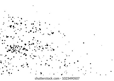 Grainy grunge abstract texture on a white background. Paint spray, drop. Black ink blow explosion on white background. Splatter of calligraphy ink in black on white background. Vector.