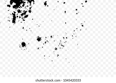 Grainy grunge abstract texture on transparent background. Paint spray, drop. Splatter of calligraphy ink in black. Black ink blow explosion on transparent background. 