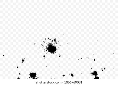 Grainy grunge abstract texture on transparent background. Paint spray, drop. Splatter of calligraphy ink in black. Black ink blow explosion on transparent background. 