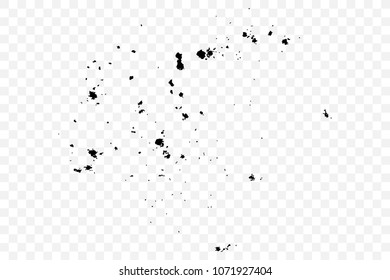 Grainy grunge abstract texture on transparent background. Paint spray, drop. Splatter of calligraphy ink in black. Black ink blow explosion on transparent background. 