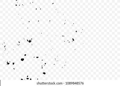 Grainy grunge abstract texture on transparent background. Paint spray, drop. Splatter of calligraphy ink in black. Black ink blow explosion on transparent background. 