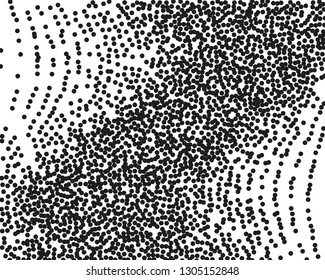 Grainy grunge abstract texture on a white background. Vector splatter of calligraphy ink in black on white background. Black ink blow explosion on white background. Paint spray, drop. Vector. 