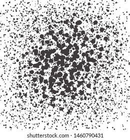Grainy grunge abstract texture on a white background. Vector splatter of calligraphy ink in black on white background. Black ink blow explosion on white background. Paint spray, drop. Vector.