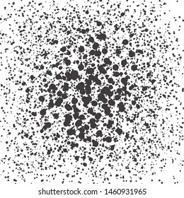 Grainy grunge abstract texture on a white background. Vector splatter of calligraphy ink in black on white background. Black ink blow explosion on white background. Paint spray, drop. Vector.