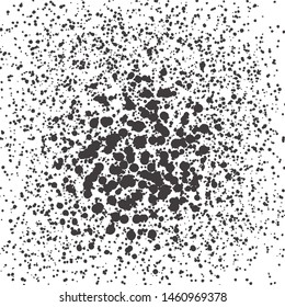 Grainy grunge abstract texture on a white background. Vector splatter of calligraphy ink in black on white background. Black ink blow explosion on white background. Paint spray, drop. Vector.
