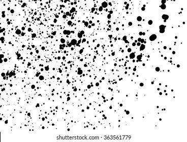 Grainy grunge abstract texture on a white background. Vector splatter of calligraphy ink in black on white background. Black ink blow explosion on white background. Paint spray, drop. Vector.