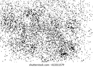 Grainy grunge abstract texture on white background. Random spread of black sparkles. Black glitter blow explosion on white background. Randomly sprayed twinkles and drops.