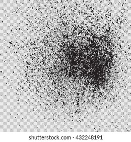 Grainy grunge abstract texture on transparent background. Vector splatter of calligraphy ink in black on gray background. Black ink blow explosion on transparent background. Paint spray, drop. Vector.