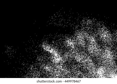 Grainy grunge abstract texture on black background. Vector splatter of calligraphy ink in white on black background. White ink blow explosion on black background. Paint spray, drop. Vector.