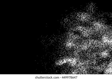 Grainy grunge abstract texture on black background. Vector splatter of calligraphy ink in white on black background. White ink blow explosion on black background. Paint spray, drop. Vector.