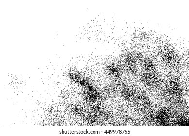 Grainy grunge abstract texture on a white background. Vector splatter of calligraphy ink in black on white background. Black ink blow explosion on white background. Paint spray, drop. Vector.