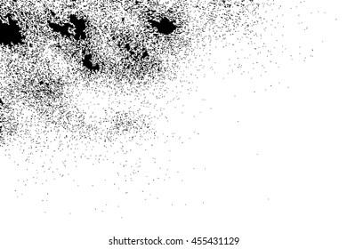 Grainy grunge abstract texture on a white background. Vector splatter of calligraphy ink in black on white background. Black ink blow explosion on white background. Paint spray, drop. Vector.