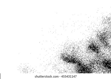 Grainy grunge abstract texture on a white background. Vector splatter of calligraphy ink in black on white background. Black ink blow explosion on white background. Paint spray, drop. Vector.