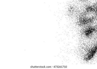 Grainy grunge abstract texture on a white background. Vector splatter of calligraphy ink in black on white background. Black ink blow explosion on white background. Paint spray, drop. Vector.