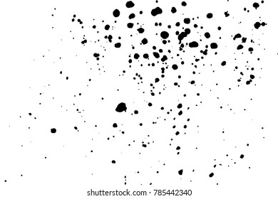 Grainy grunge abstract texture on a white background. Paint spray, drop. Black ink blow explosion on white background. Splatter of calligraphy ink in black on white background. Vector.