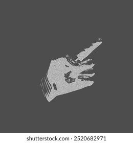 Grainy hand pointing forefinger retro negative photocopy effect. Vintage stipple grey dots texture. Palm gesture grunge art. Y2K aesthetic human body part. 90s style vector design element