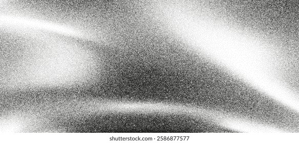 Grainy liquid gradient texture with monochrome waves. Distressed rough noise background with vintage stipple effect. Gritty halftone spray dot texture. Glitter ombre poster. Trendy grain vector bg