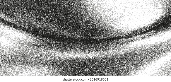 Grainy liquid gradient texture with monochrome waves. Distressed rough noise background with vintage stipple effect. Gritty halftone spray dot texture. Glitter ombre poster. Trendy grain vector bg