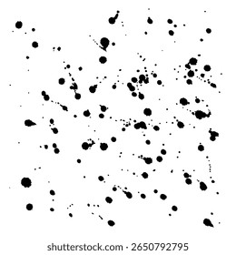 Padrão granulado monocromático de gotículas pretas. A textura grunge consiste em pontos pretos, respingos, manchas e manchas. A tinta preta salta sobre um fundo branco. Clipart vetorial ilustrado. Desenho manual sem ai