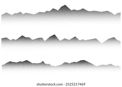 Montanhas granuladas com efeito pontilhado sobre fundo branco. Textura de gradiente preto com ruído de areia. Meio-tom pontilhado paisagem abstrata. A gradação de pulverização desvanece colinas rochosas. Ilustração monocromática vetorial