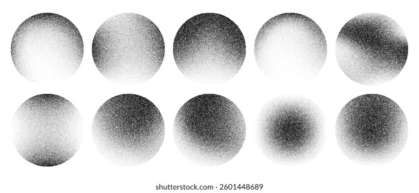 Grainy noise circles vector set. Dot grain texture circles. Spray texture sand and dissolving circles. Abstract black spheres with gradient stipple pattern.  Vector illustration