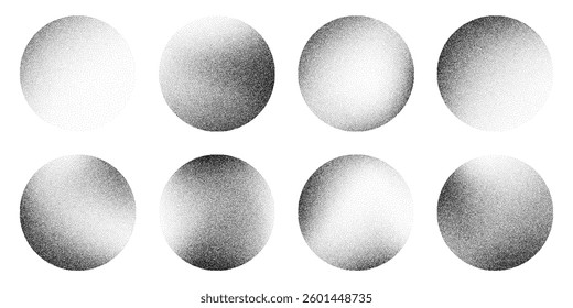Grainy noise circles vector set. Dot grain texture circles. Spray texture sand and dissolving circles. Abstract black spheres with gradient stipple pattern.  Vector illustration