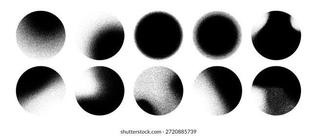Grainy noise circles vector set. Dot grain texture circles. Spray texture sand and dissolving circles. Abstract black spheres with gradient stipple pattern.  Vector illustration