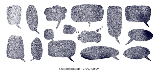 Iconos de burbujas de discurso de aerosol de ruido granulado. Conjunto de cuadros de texto de globos arenosos negros. Marco de burbujas dibujado a mano para el diálogo cómico. Ícono de Vector garabato arenoso para mensaje, diseño de conversación aislado.