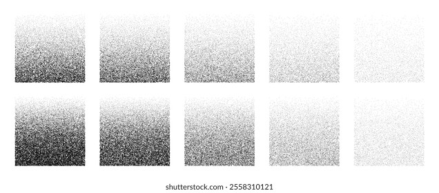 Grainy noise square vector set. Dot grain texture squares. Abstract black squares with gradient stipple pattern. Spray texture sand and dissolving squares. Vector illustration