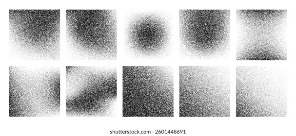 Grainy noise square vector set. Dot grain texture squares. Spray texture sand and dissolving squares. Abstract black square with gradient stipple pattern. Vector illustration