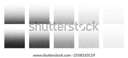 Grainy noise square vector set. Dot grain texture squares. Abstract black squares with gradient stipple pattern. Spray texture sand and dissolving squares. Vector illustration