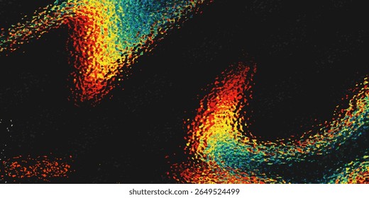 Grainy noise texture gradient surface. Black, red, yellow and blue colors. Bitmap dithering background.