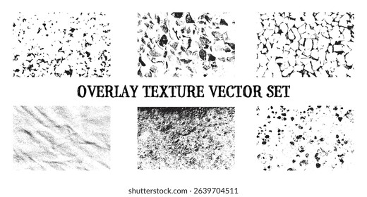 Grainy overlay texture vector set with distressed grunge effects, vintage noise elements, dusty surface patterns, and retro film grain textures for design and photo overlays